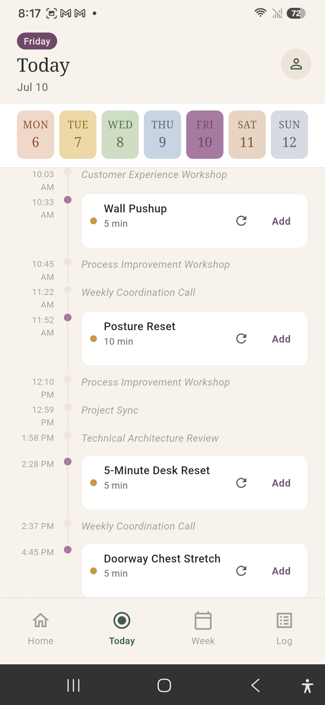 DeskReset Today screen scrolled showing resets woven between a full day of meetings