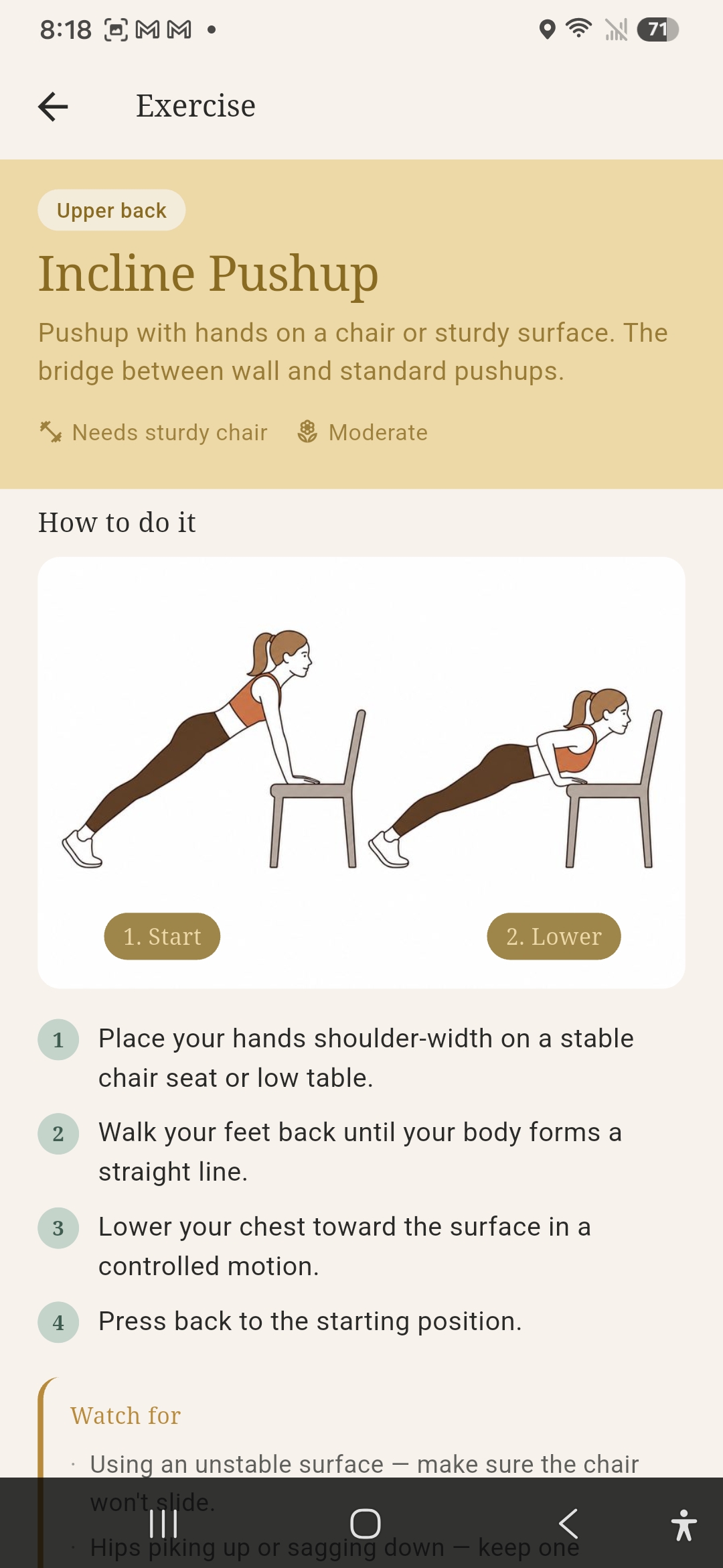 Exercise detail screen showing Incline Pushup with illustration, steps and form cues