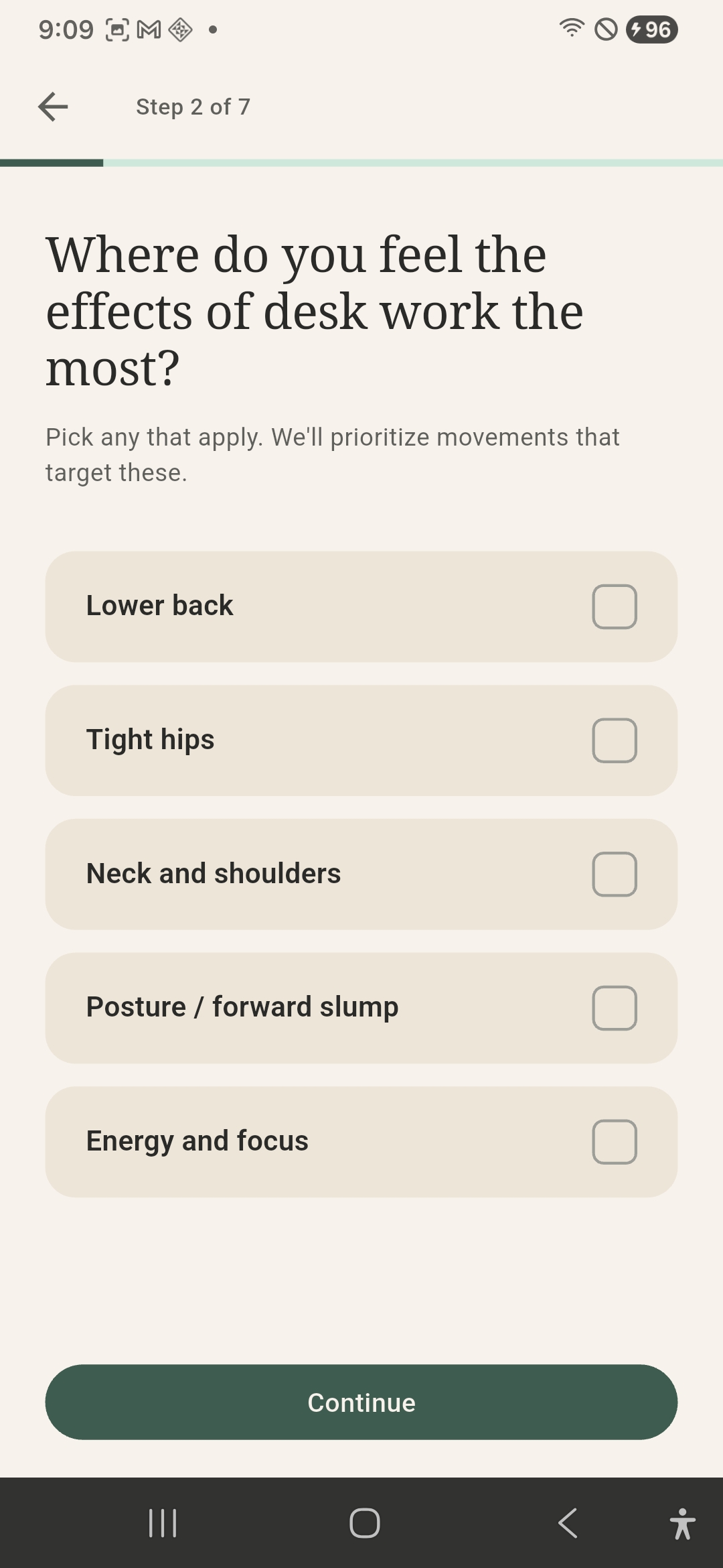Quiz step 2: focus areas question