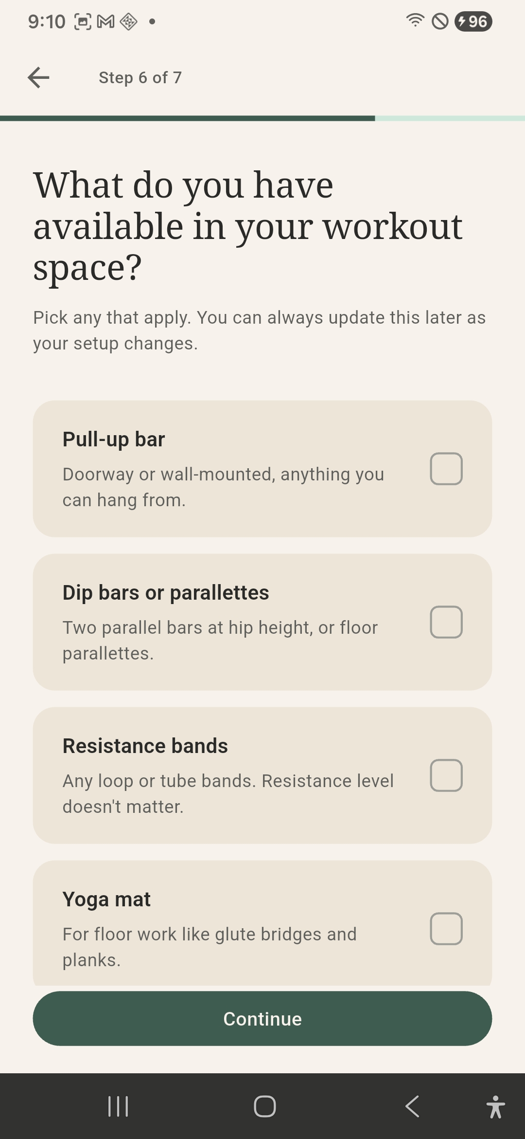 Quiz step 6: available equipment
