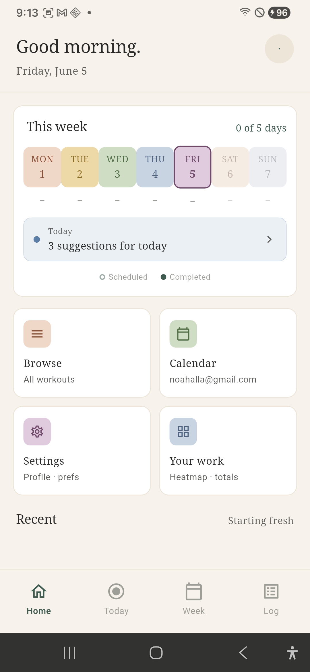 DeskReset Home screen showing weekly summary strip with day tiles