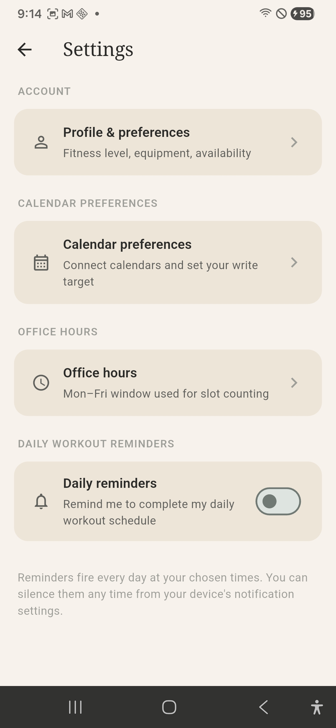 Settings screen showing Calendar preferences option